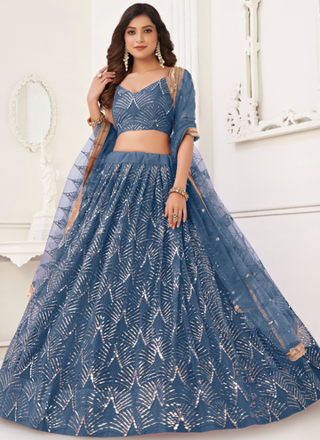 Beautiful Embroidered Work Net Fabric Blue Lehenga Choli